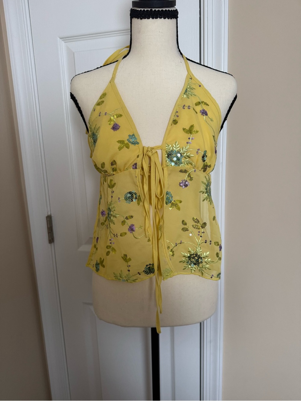 SHEIN Yellow Embellished Halter Tie-Front Cami